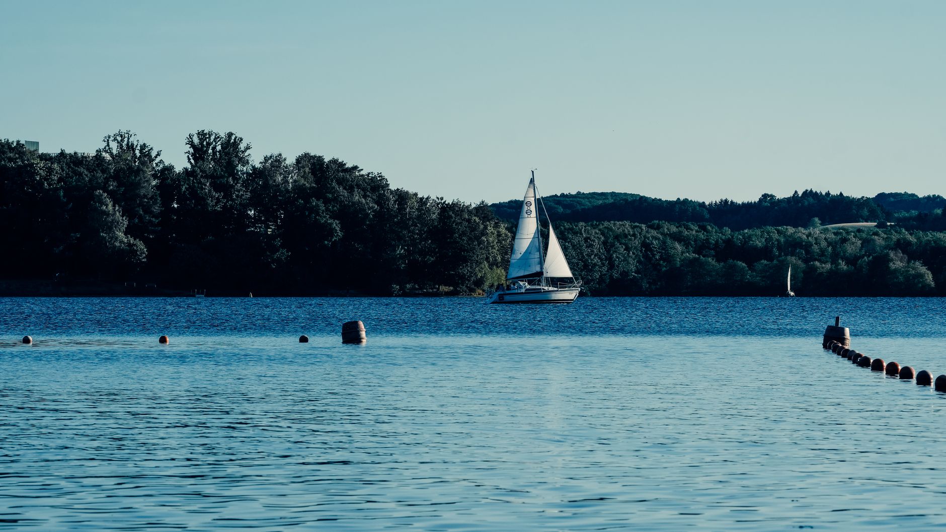 Friedliche Seelandschaft mit Segelboot und grünem Ufer